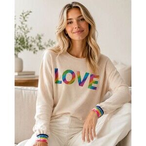 NWT Brodie Cashmere Sweater Metallic Foil Love Graphic Long Sleeve Ivory Size L